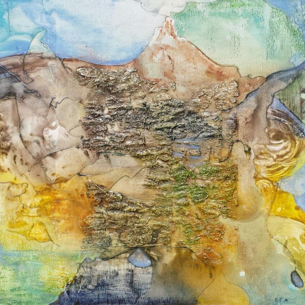 "Bergwelt" 8/2018, 60 x 61,5, Beton, Pergamentpapier, Garn, Kohle- und Graphitestift, Pigmente, Ölfarbe, Pastellkreide auf Malplatte