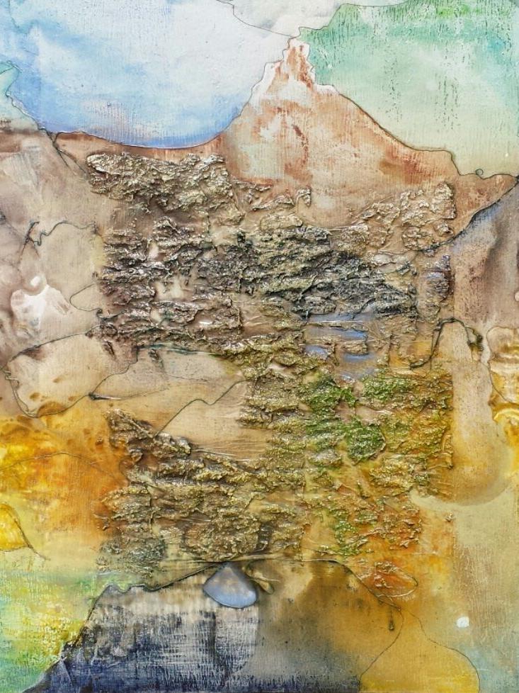 "Bergwelt" 8/2018, 60 x 61,5, Beton, Pergamentpapier, Garn, Kohle- und Graphitestift, Pigmente, Ölfarbe, Pastellkreide auf Malplatte