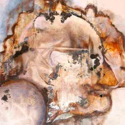 "Alter Mann" 2/2005, 50 x 50 cm, Leinölfirnis, Tusche, Seidenpapier, Holzlasur,