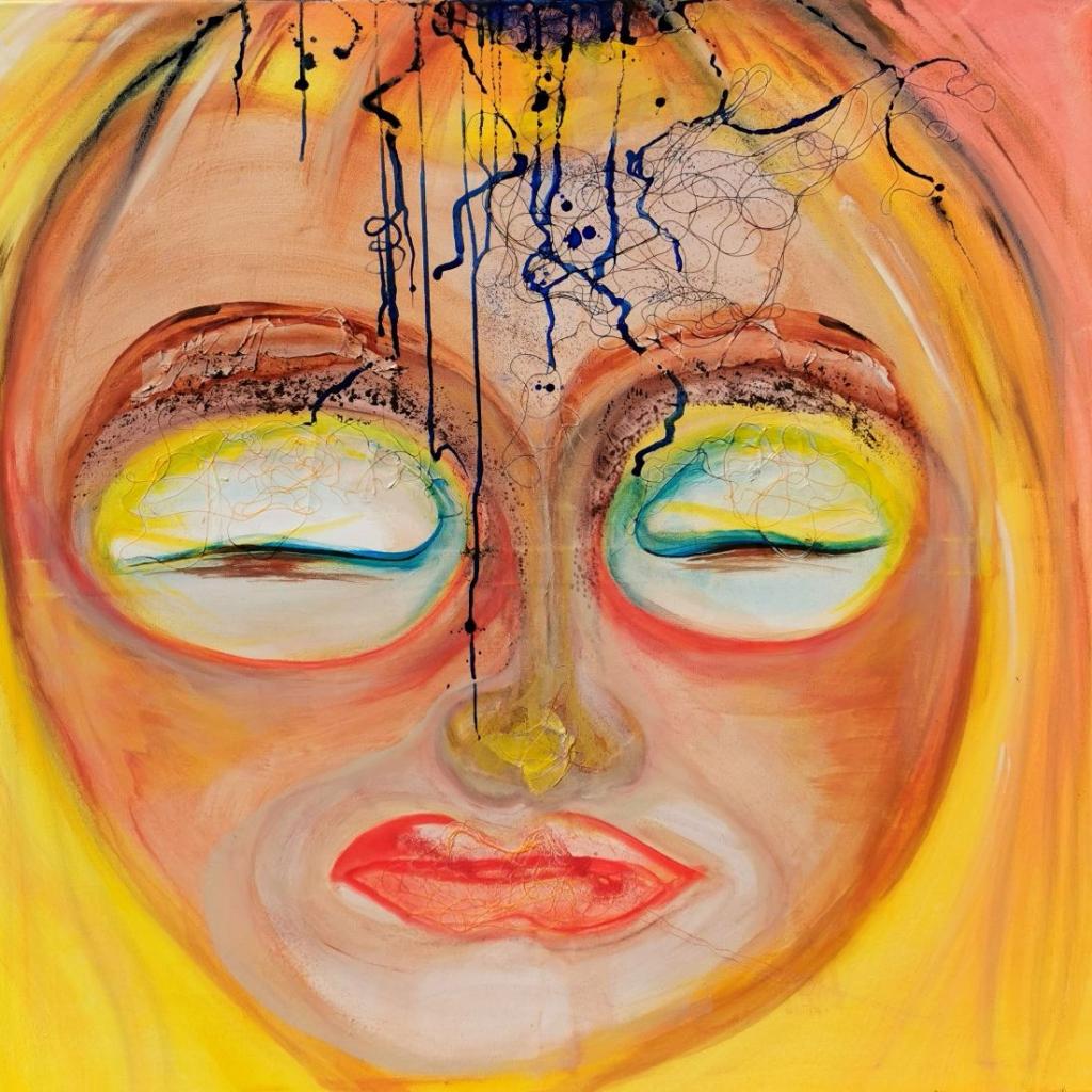 "Geduld" 02/2025, 100x 100 cm, Ölfarbe, Pergamentpapier, Garn, Pigmente, Pastellkreide und Tusche auf Leinwand