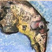 "Leguan" 06/2005, 9,5 x 65 cm, Kleister, Terpentinbalsam, Salz, Ölfarbe auf Holz ●